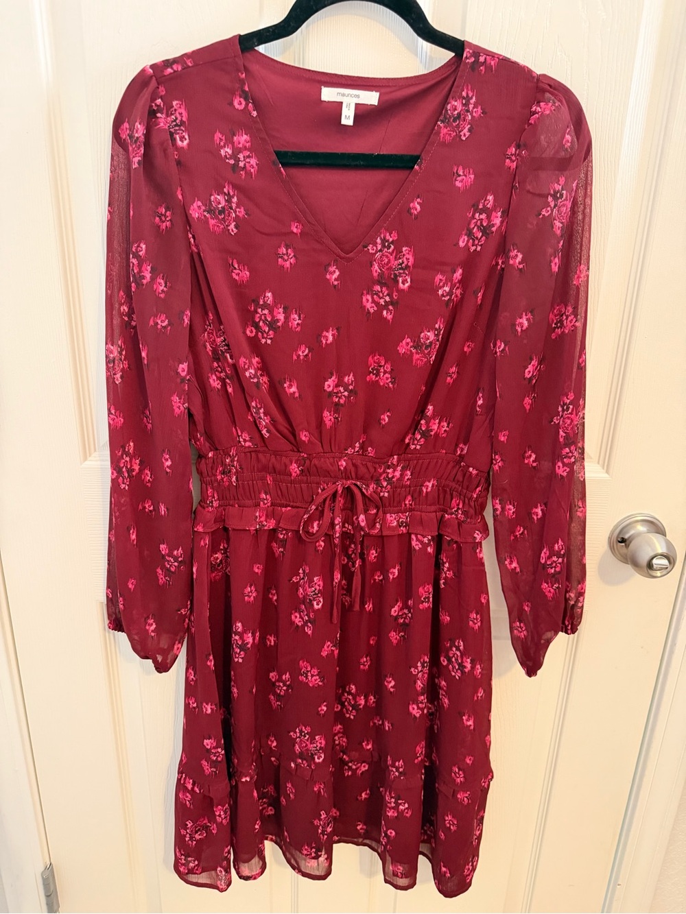 Maurices Burgundy Floral V-Neck Long Sleeve Dress